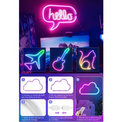 Kit de Néon flexible LED RGB 5m, DC 12V, APP/Télécommande, Plusieurs modes, IP65 étanche