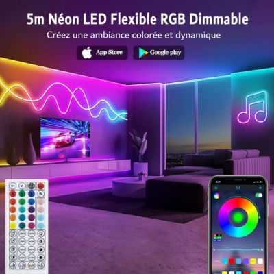 Kit de Néon flexible LED RGB 5m, DC 12V, APP/Télécommande, Plusieurs modes, IP65 étanche