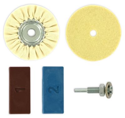 Kit de polissage 5 pièces pour perceuse  disques coton et feutre 85 mm tige 6 mm pâtes à polir