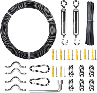Kit de suspension pour guirlande lumineuse extérieure, câble en acier gainé de caoutchouc, tendeur de câble à ressort, 50 mètres