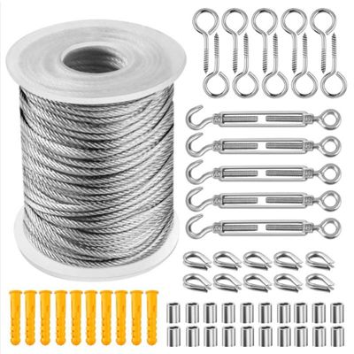 Kit de suspension pour guirlande lumineuse extérieure, tendeur de câble à ressort, avec fil électrique et câble en acier de 50 m