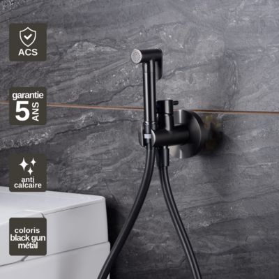 Kit Douchette anti-calcaire hygiénique encastrée WC ou Bidet Salle de Bain Black Gun Métal IMEX MUNICH RDM001/BGM