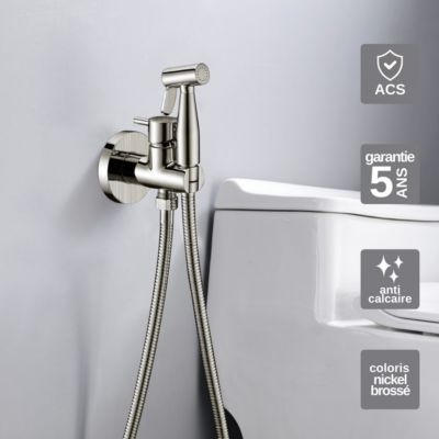 Kit Douchette anti-calcaire hygiénique encastrée WC ou Bidet Salle de Bain Nickel Brossé IMEX MUNICH RDM001/NQ