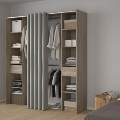 Kit dressing 2 colonnes réversibles avec rideau Komet II décor chêne grisé H.200,4 x L.180 x P.50,3 cm