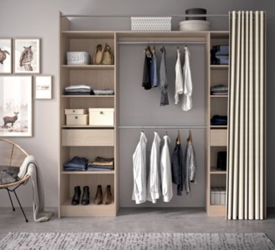 Kit dressing avec rideau, 2 colonnes réversibles L. 220 x H. 220 x P. 48 cm, effet chêne, avec 2 tiroirs, GoodHome Balsam