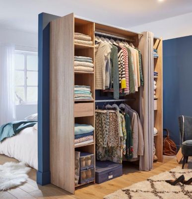 Kit dressing effet chêne clair avec rideau H. 200 x L. 180 cm x P. 48