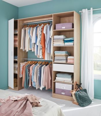 Kit dressing effet chêne clair H. 220 x L. 220 x P. 48 cm + porte
