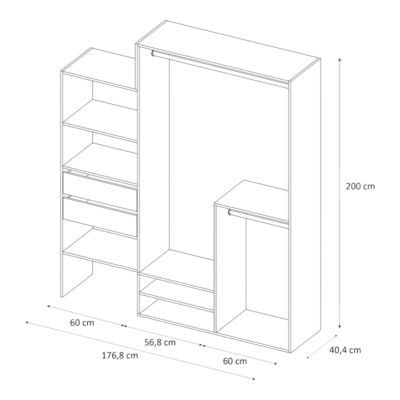 Kit dressing modulable 1 colonne L. 120 à 180 x H. 200 x P.40, 6 cm, blanc, avec 2 tiroirs, Tautra