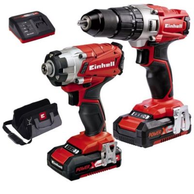 Kit Einhell 18 V Power X-Change : perceuse-percussion + visseuse à choc, 2x 2,0 Ah, chargeur, mallette.