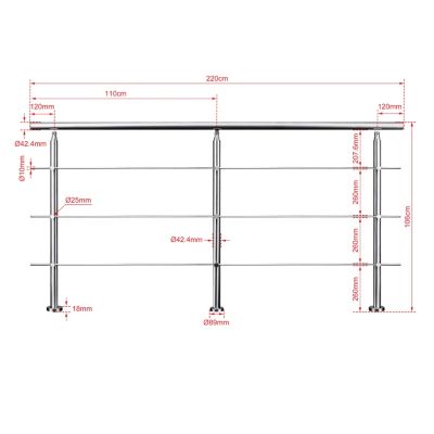 Kit garde-corps 3 barres rondes 2.2 m Acier Inox 201 Argent - Installation verticale - Usage intérieur et extérieur