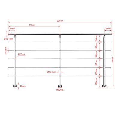 Kit garde-corps 5 barres rondes 2.2m Acier Inox 201 Argent - Installation verticale - Usage intérieur et extérieur