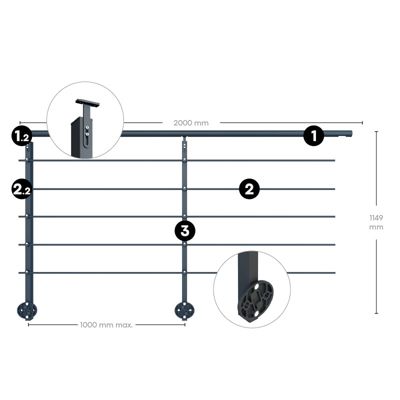 Kit garde-corps aluminium gris anthracite 2m pose latérale, Initio KORDO
