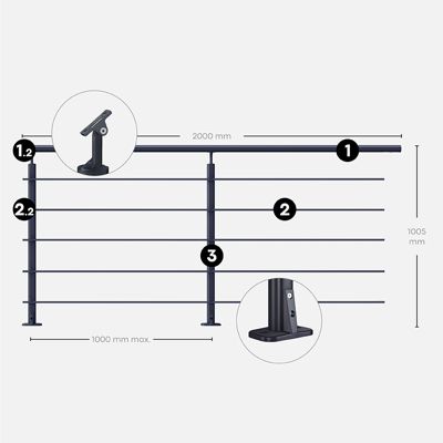 Kit garde-corps aluminium gris anthracite 2m pose à plat, Opalu KORDO