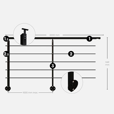 Kit garde-corps aluminium noir 2m pose latérale, Initio KORDO