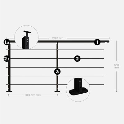 Kit garde-corps aluminium noir 2m pose à plat, Initio KORDO