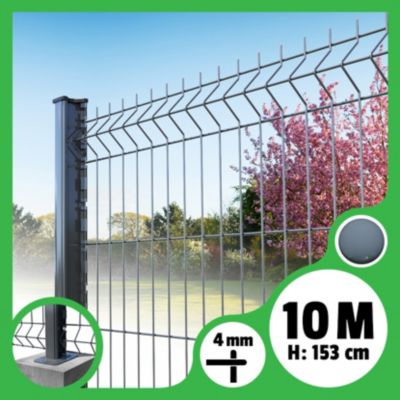 Kit grillage rigide poteaux H - longueur 10 mètres - 153 cm, Gris Anthracite, A visser sur platines