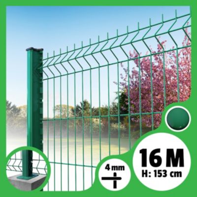 Kit grillage rigide poteaux H - longueur 16 mètres - 153 cm, Vert, A visser sur platines