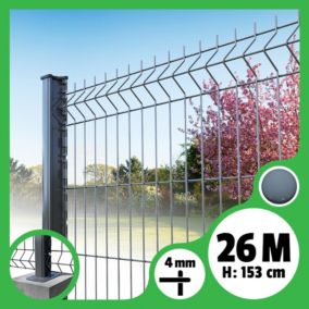 Kit grillage rigide poteaux H - longueur 26 mètres - 153 cm, Gris Anthracite, A visser sur platines