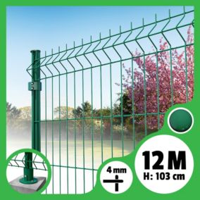Kit grillage rigide poteaux ronds - longueur 12 mètres - 103 cm, Vert, A visser ( platines fournies )