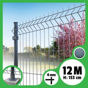 Kit grillage rigide poteaux ronds - longueur 12 mètres - 153 cm, Gris Anthracite, A visser ( platines fournies )