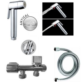 Kit hygiène WC avec douchette 2 jets + flexible + support mural + robinet alimentation, chrome, MTK Harmonie