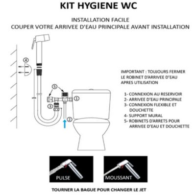 Kit hygiène WC avec douchette 2 jets + flexible + support mural + robinet alimentation, noir/chrome, MTK Harmonie