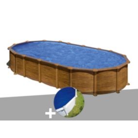 Kit piscine acier aspect bois Gré Amazonia ovale 7,44 x 3,99 x 1,32 m + Bâche à bulles