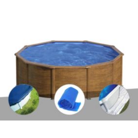 Kit piscine acier aspect bois Gré Sicilia ronde 3,20 x 1,22 m + Bâche hiver + Bâche à bulles + Tapis de sol