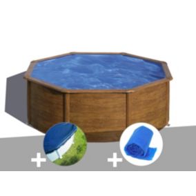 Kit piscine acier aspect bois Gré Sicilia ronde 3,70 x 1,22 m + Bâche hiver + Bâche à bulles