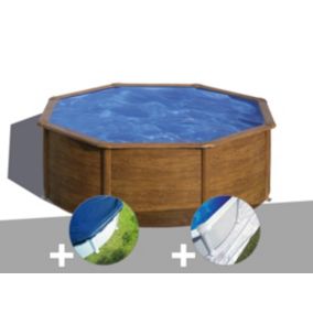 Kit piscine acier aspect bois Gré Sicilia ronde 3,70 x 1,22 m + Bâche hiver + Tapis de sol