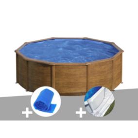 Kit piscine acier aspect bois Gré Sicilia ronde 4,80 x 1,22 m + Bâche à bulles + Tapis de sol