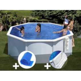 Kit piscine acier blanc Gré Bora Bora ronde 3,20 x 1,22 m + Bâche à bulles + Tapis de sol