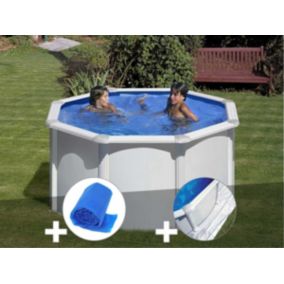 Kit piscine acier blanc Gré Fidji ronde 2,60 x 1,22 m + Bâche à bulles + Tapis de sol