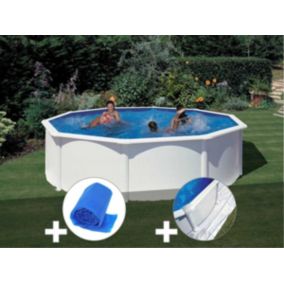 Kit piscine acier blanc Gré Fidji ronde 4,80 x 1,22 m + Bâche à bulles + Tapis de sol