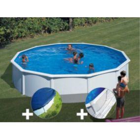 Kit piscine acier blanc Gré Fidji ronde 5,70 x 1,22 m + Bâche hiver + Tapis de sol