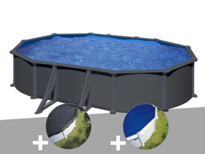 Kit piscine acier gris anthracite Gré Juni ovale 6,34 x 3,99 x 1,32 m + Bâche d'hivernage + Bâche à bulles