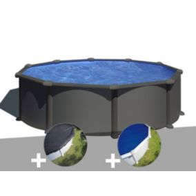 Kit piscine acier gris anthracite Gré Juni ronde 4,80 x 1,32 m + Bâche d'hivernage + Bâche à bulles