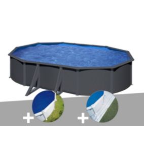 Kit piscine acier gris anthracite Gré Louko ovale 5,27 x 3,27 x 1,22 m + Bâche à bulles + Tapis de sol