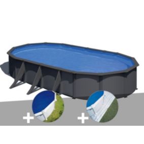 Kit piscine acier gris anthracite Gré Louko ovale 7,44 x 3,99 x 1,22 m + Bâche à bulles + Tapis de sol