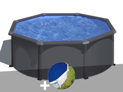 Kit piscine acier gris anthracite Gré Louko ronde 3,20 x 1,22 m + Bâche à bulles
