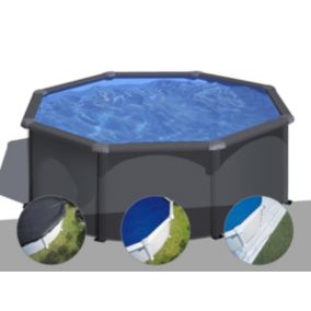 Kit piscine acier gris anthracite Gré Louko ronde 3,20 x 1,22 m + Bâche d'hivernage + Bâche à bulles + Tapis de sol