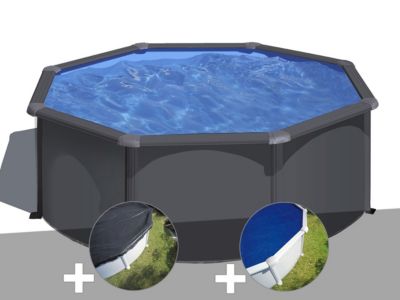 Kit piscine acier gris anthracite Gré Louko ronde 3,20 x 1,22 m + Bâche d'hivernage + Bâche à bulles
