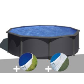 Kit piscine acier gris anthracite Gré Louko ronde 3,70 x 1,22 m + Bâche à bulles + Tapis de sol