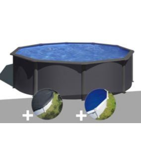 Kit piscine acier gris anthracite Gré Louko ronde 3,70 x 1,22 m + Bâche d'hivernage + Bâche à bulles