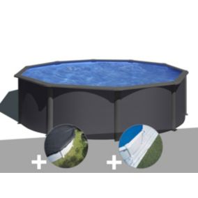 Kit piscine acier gris anthracite Gré Louko ronde 4,80 x 1,22 m + Bâche d'hivernage + Tapis de sol
