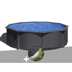 Kit piscine acier gris anthracite Gré Louko ronde 4,80 x 1,22 m + Bâche d'hivernage