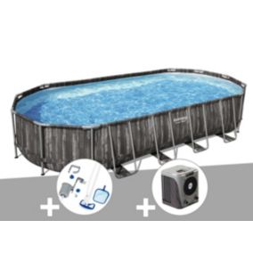 Kit piscine tubulaire ovale Bestway Power Steel décor bois 7,32 x 3,66 x 1,22 m + Kit d'entretien Deluxe + Pompe à chaleur