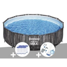 Kit piscine tubulaire ronde Bestway Steel Pro Max décor bois, 4,27 x 1,07 m + 6 cartouches de filtration + Kit d'entretien Deluxe