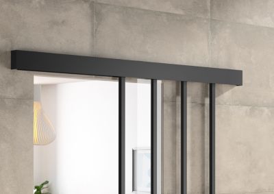 Kit porte 730 atelier noir verre clair avec rail bandeau decor assorti