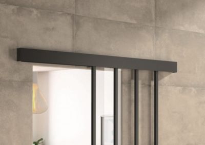 Kit porte 830 atelier noir verre clair avec rail bandeau decor assorti